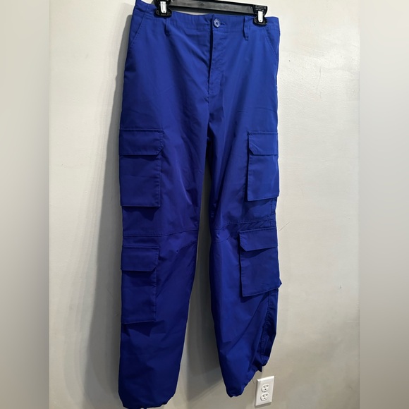 Women’s  Blue Cargo Pants trendy fall bright size large minimal neutral boho - Picture 1 of 16